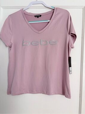 bebe Dusty Pink V-Neck Logo Tee  - NWT